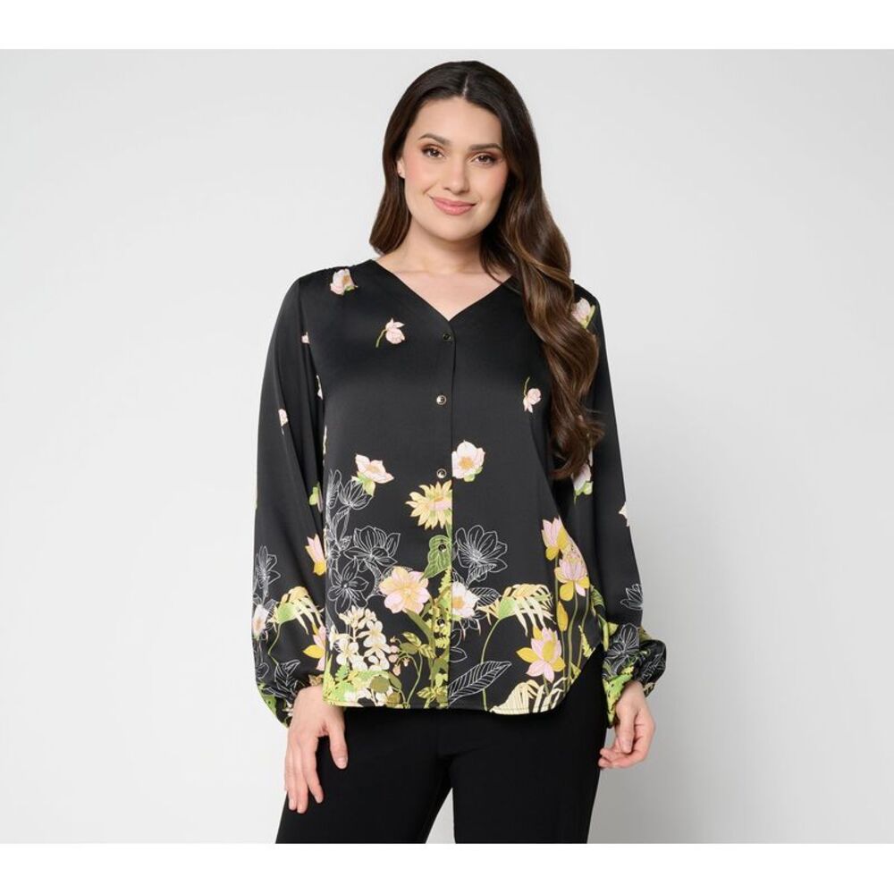 Dennis Basso Women's Top Sz M Make Your Selection: Printed V-Neck Black A728029